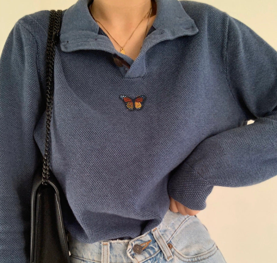 Damen Pullover Waffle-Design Gestickter Schmetterling Norvielle