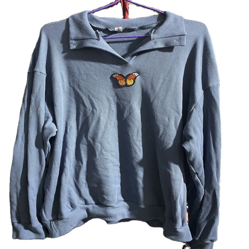 Damen Pullover Waffle-Design Gestickter Schmetterling Norvielle