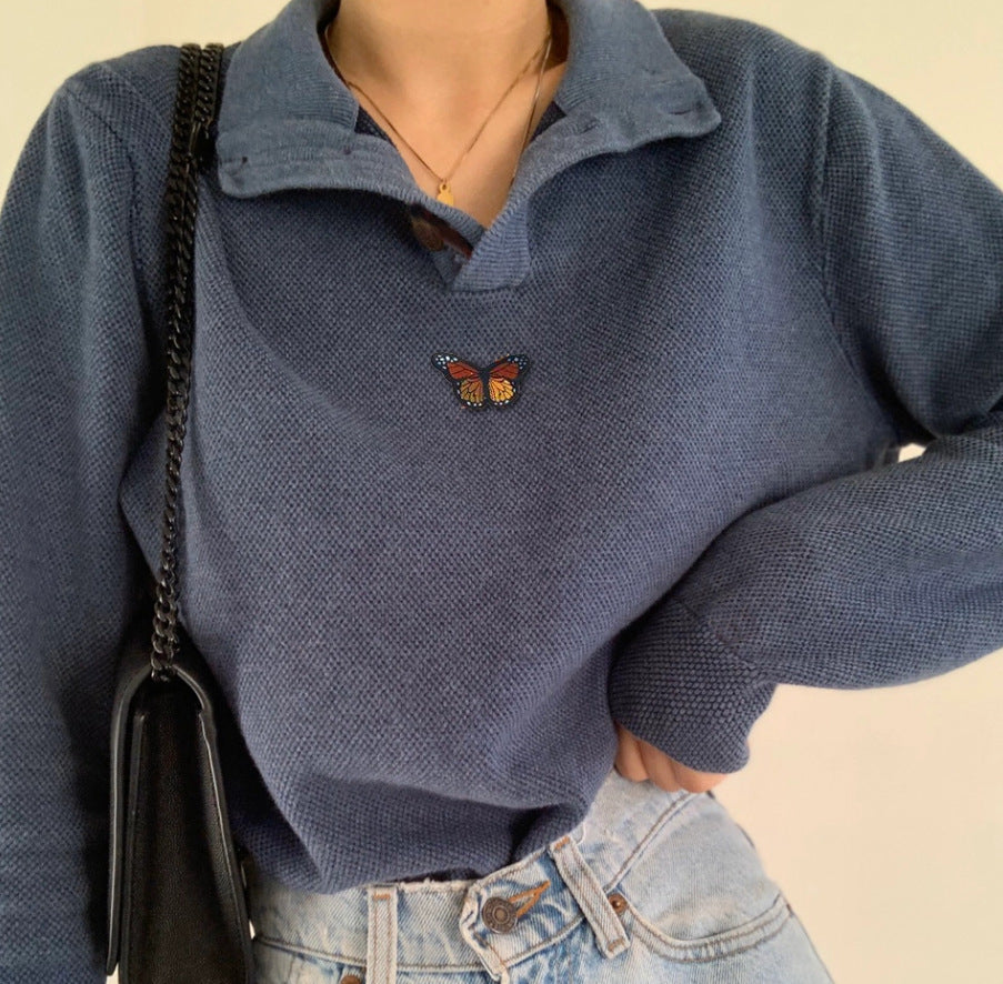 Damen Pullover Waffle-Design Gestickter Schmetterling Norvielle
