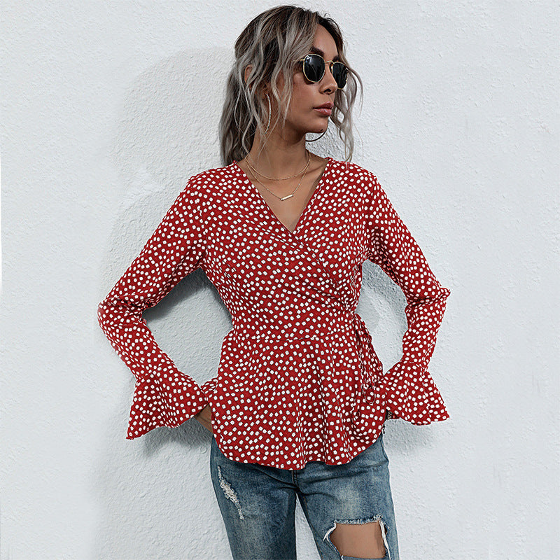 Damen Wickelbluse Voluminöse Ärmel Punktemuster Bluse