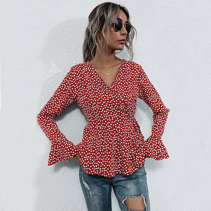 Damen Wickelbluse Voluminöse Ärmel Punktemuster Bluse
