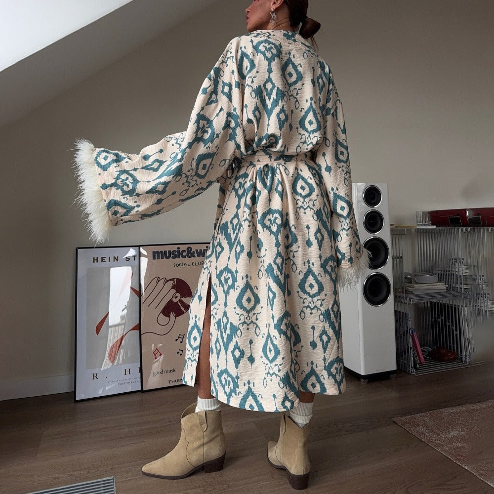 Damen Kimono-Mantel Beige-Türkis Bedruckt Federärmel