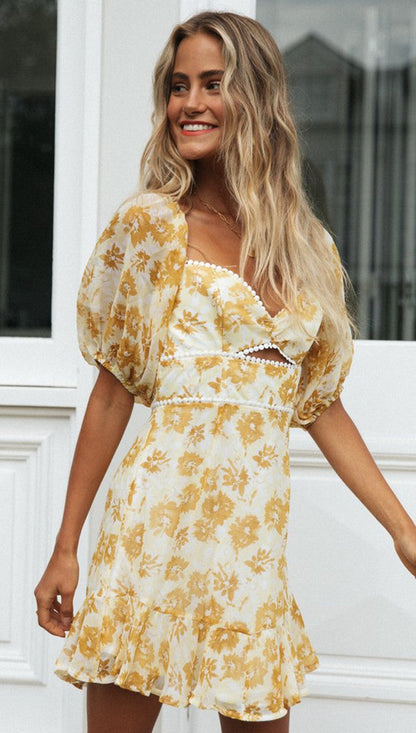 Damen Minikleid Florales Design Puffärmel