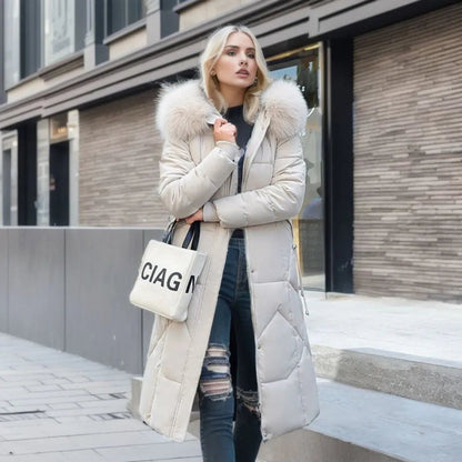 Damen Winterjacke Lang Kapuze Fellbesatz Schwarz - Norvielle