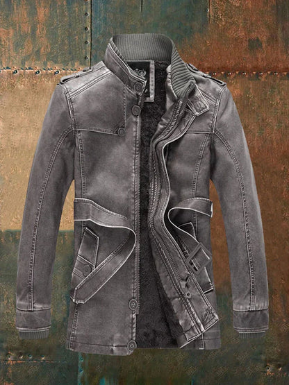 Herren Lederlook Mantel Lang Vintage Stil Schwarz - Norvielle