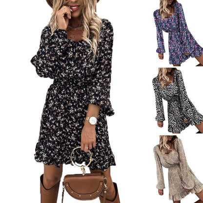 Damen Kleid Blumendesign Voluminöse Ärmel Schwingender Saum - Norvielle