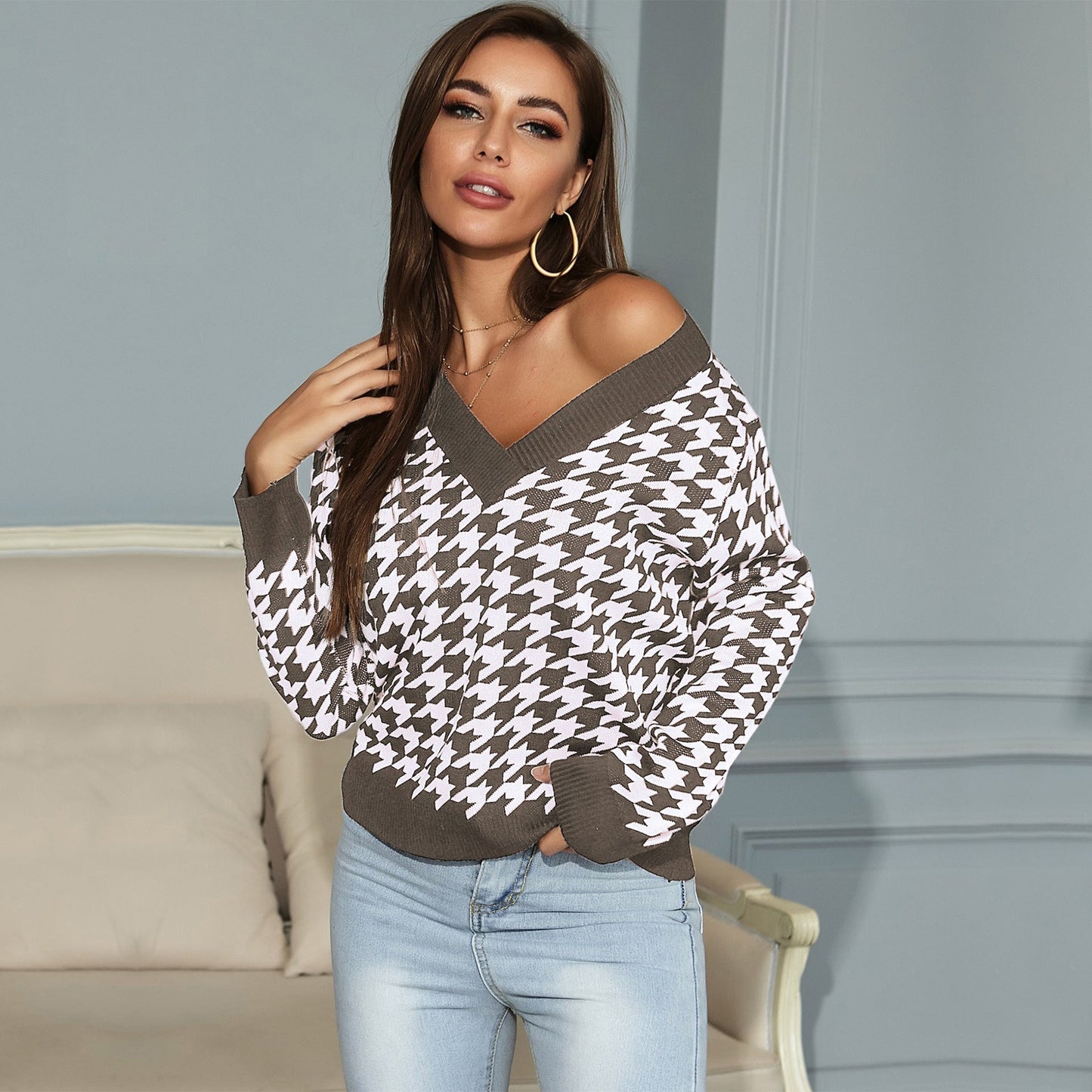 Damen Pullover V-Ausschnitt Hahnentrittmuster Norvielle