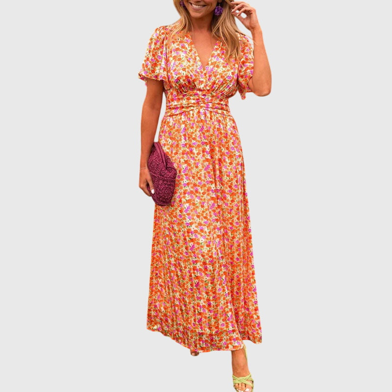Damen Maxikleid Blumenmuster Kurzärmel - Norvielle