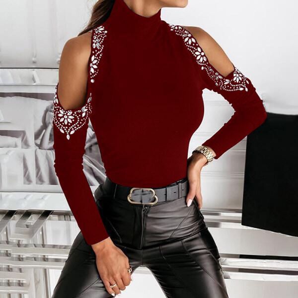 Damen Turtleneck-Oberteil Offene Schultern Spitzenverzierung Norvielle