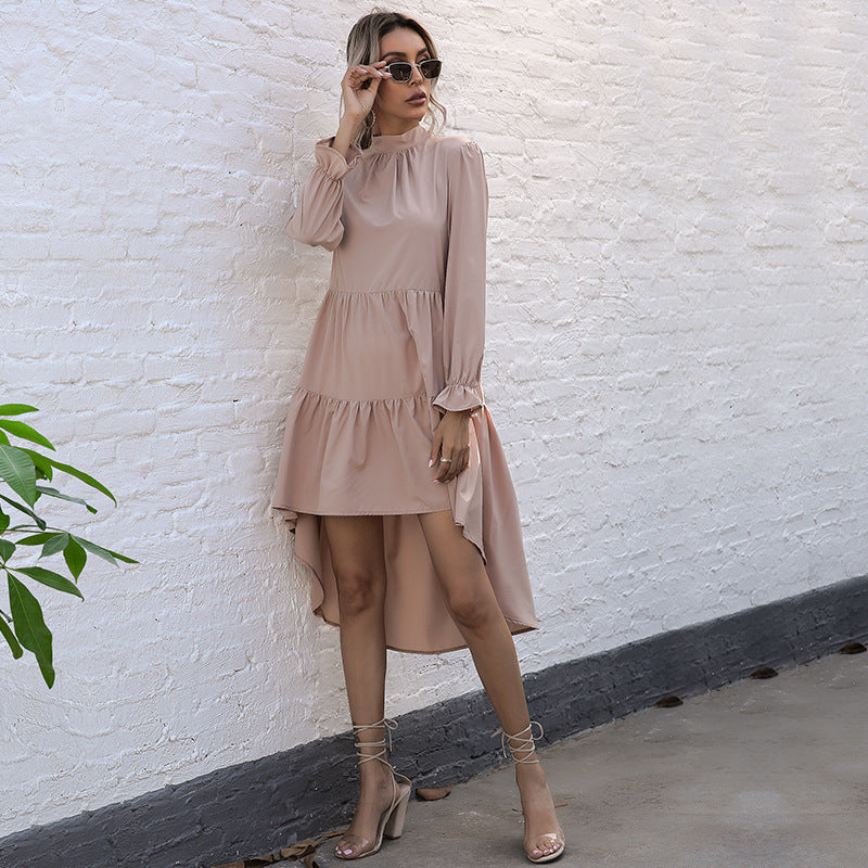 Damen Wickelkleid Asymmetrisch Rüschen Stehkragen Norvielle