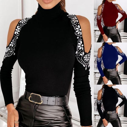 Damen Turtleneck-Oberteil Offene Schultern Spitzenverzierung Norvielle - Norvielle