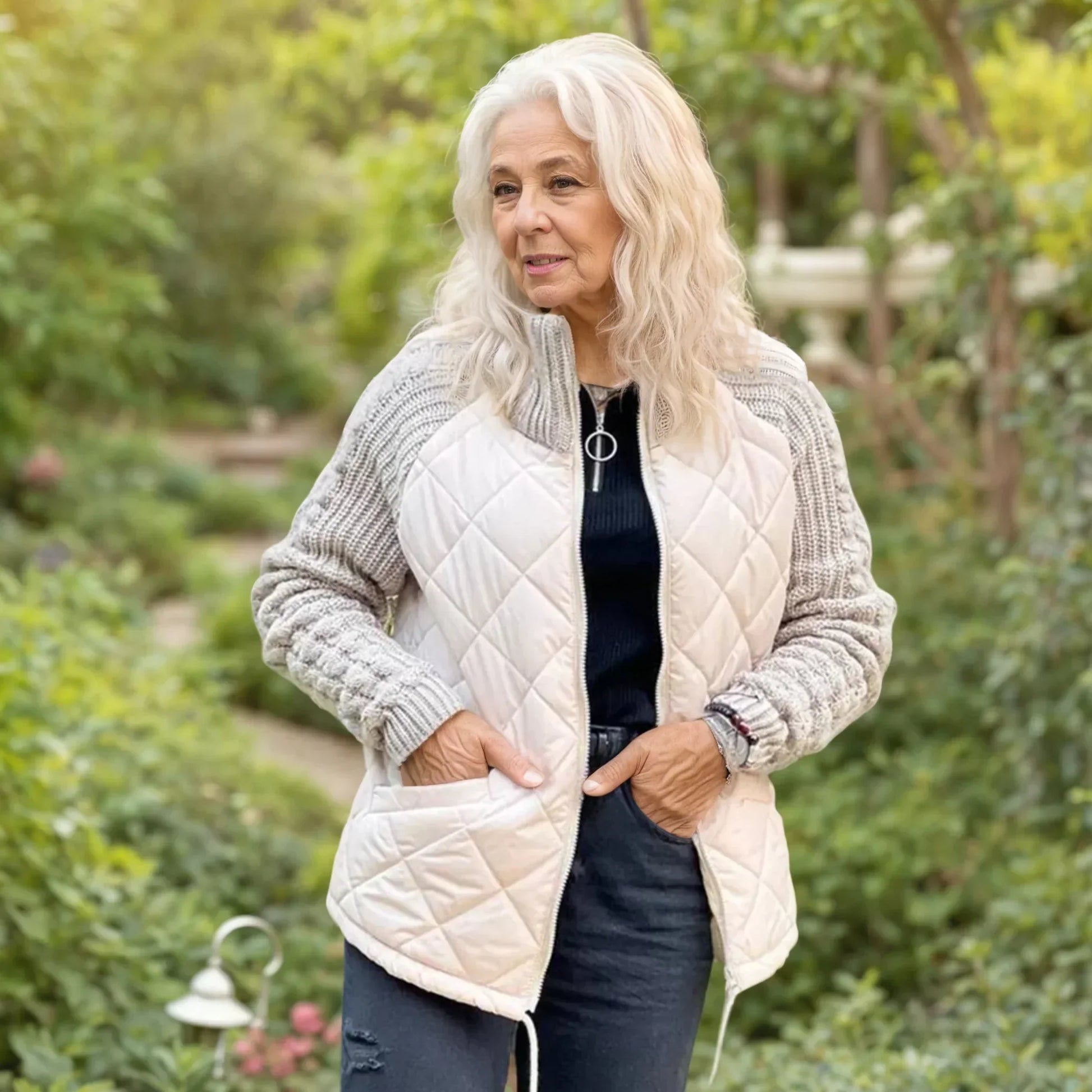 Damen Steppjacke Stehkragen Reißverschluss Beige - Norvielle