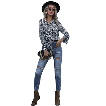 Damen Bluse Leopardenmuster Knopfleiste Elegante Bluse