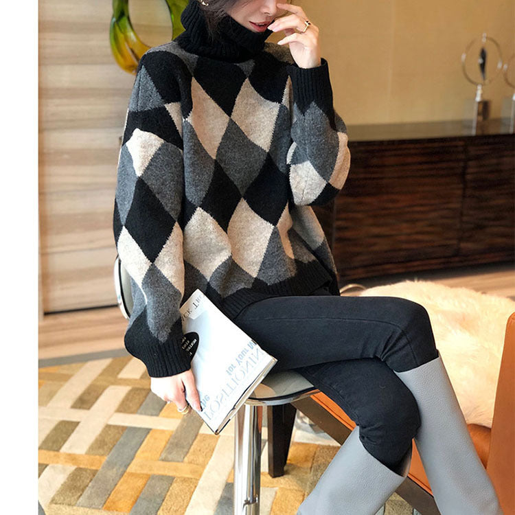 Damen Gemusterter Pullover Hochkragen Norvielle