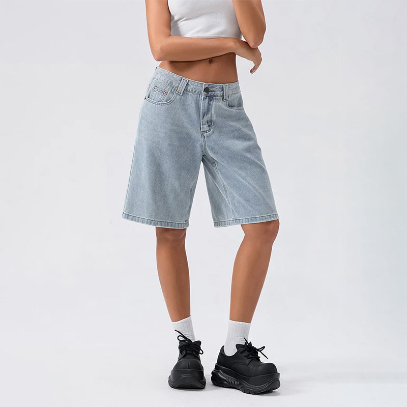 Damen Loose-Fit Jeansshorts Bermuda Schwarz - Norvielle