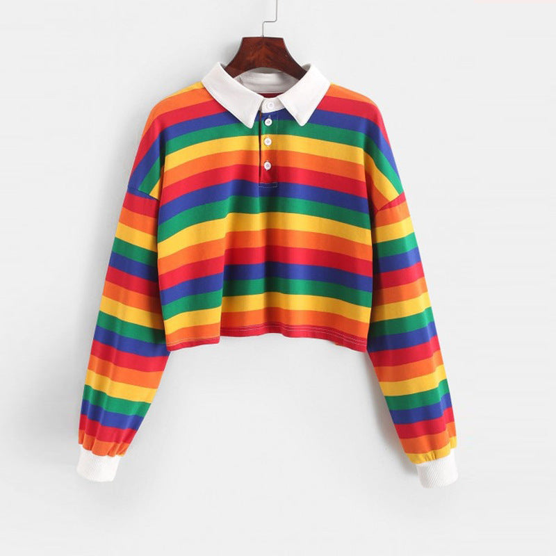 Damen Kurzarm Polo Sweater Bunte Streifen