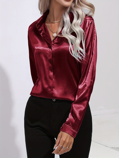 Avelyn Damen Satin-Bluse Reverskragen Knopfleiste Eleganz