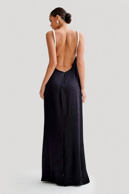 Celine | Blanche Satin Perlenhalter Maxikleid Zendoo.de