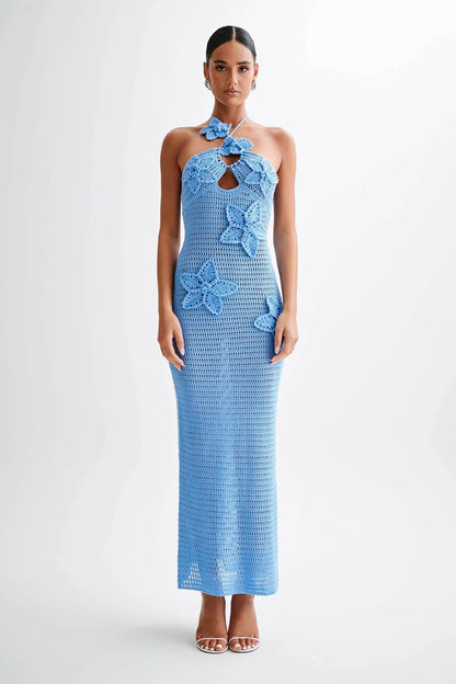 Damen Maxikleid Häkel-Optik Blumenapplikationen Neckholder