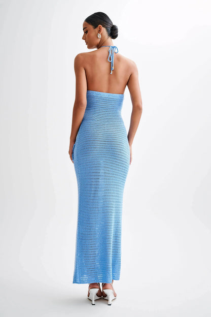 Damen Maxikleid Häkel-Optik Blumenapplikationen Neckholder