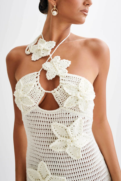 Damen Maxikleid Häkel-Optik Blumenapplikationen Neckholder