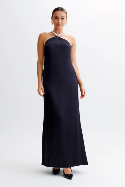 Celine Damen Maxikleid Satin Perlenbesatz Weiß - Norvielle