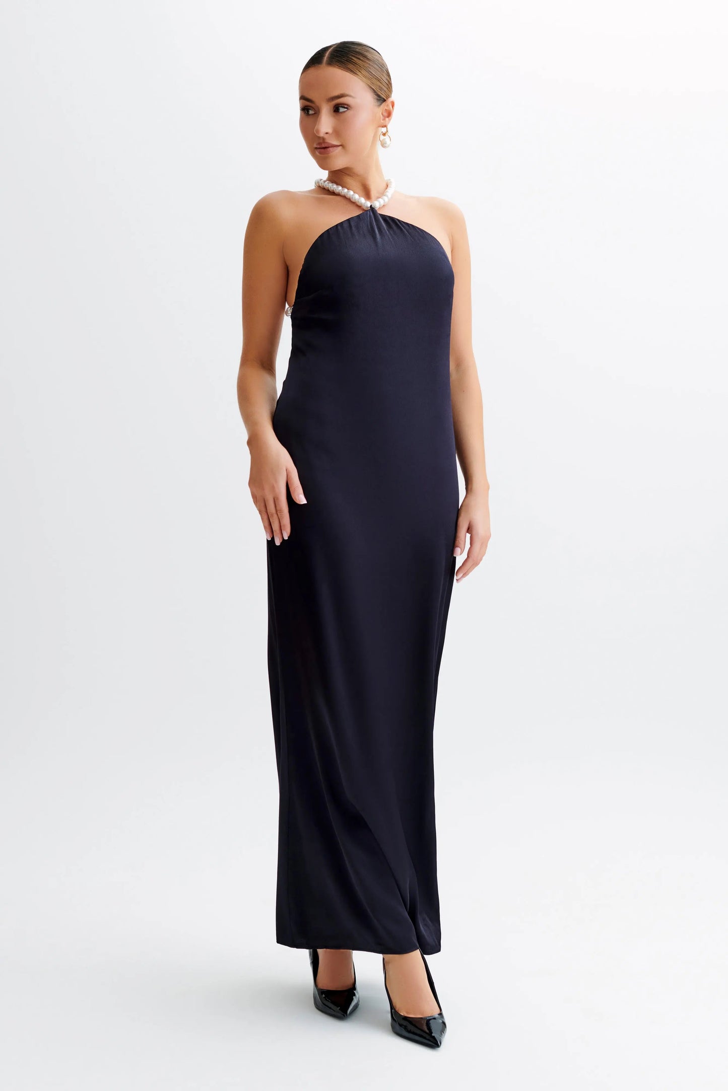 Celine | Blanche Satin Perlenhalter Maxikleid Zendoo.de