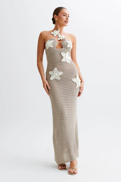 Damen Maxikleid Häkel-Optik Blumenapplikationen Neckholder