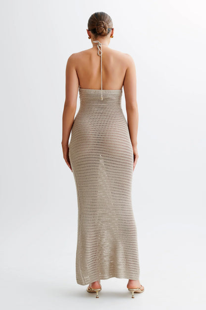 Damen Maxikleid Häkel-Optik Blumenapplikationen Neckholder
