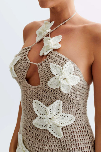 Damen Maxikleid Häkel-Optik Blumenapplikationen Neckholder