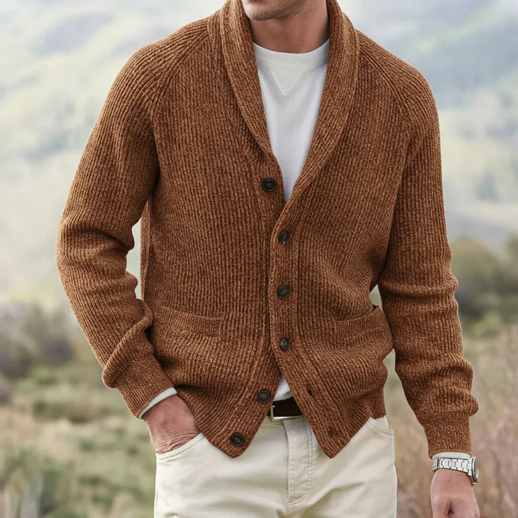 Herren Strickjacke mit Schalkragen und Knöpfen Beige