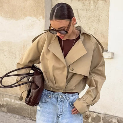 Damen Kurz-Trenchcoat Khaki Breiter Kragen