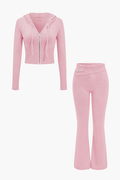 Damen Strick-Set Kapuzenjacke Schlaghose
