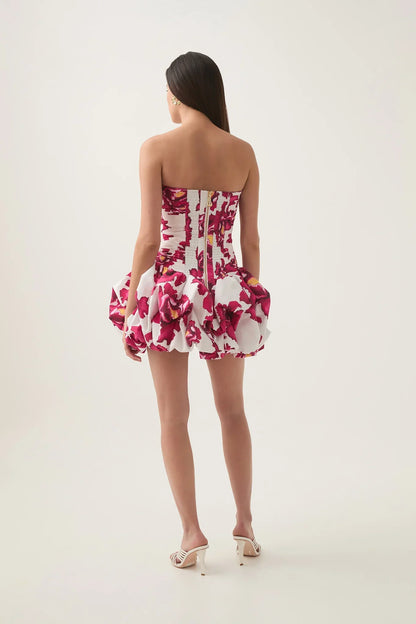 Damen Schulterfreies Minikleid Ballonrock Floralmuster