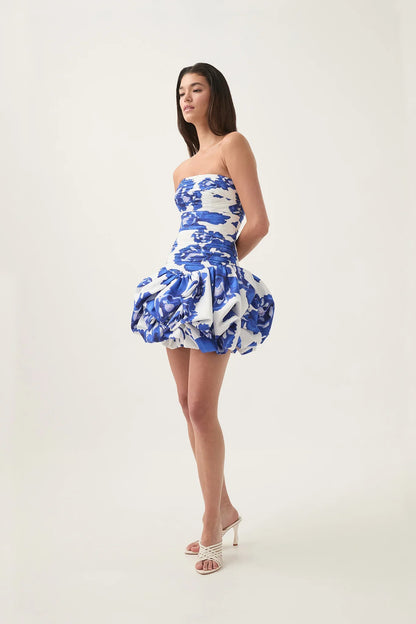 Damen Schulterfreies Minikleid Ballonrock Floralmuster