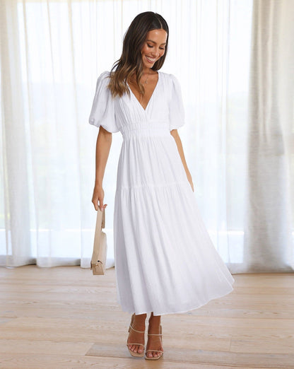 Damen Sommer-Midikleid V-Ausschnitt Puffärmel Einfarbig