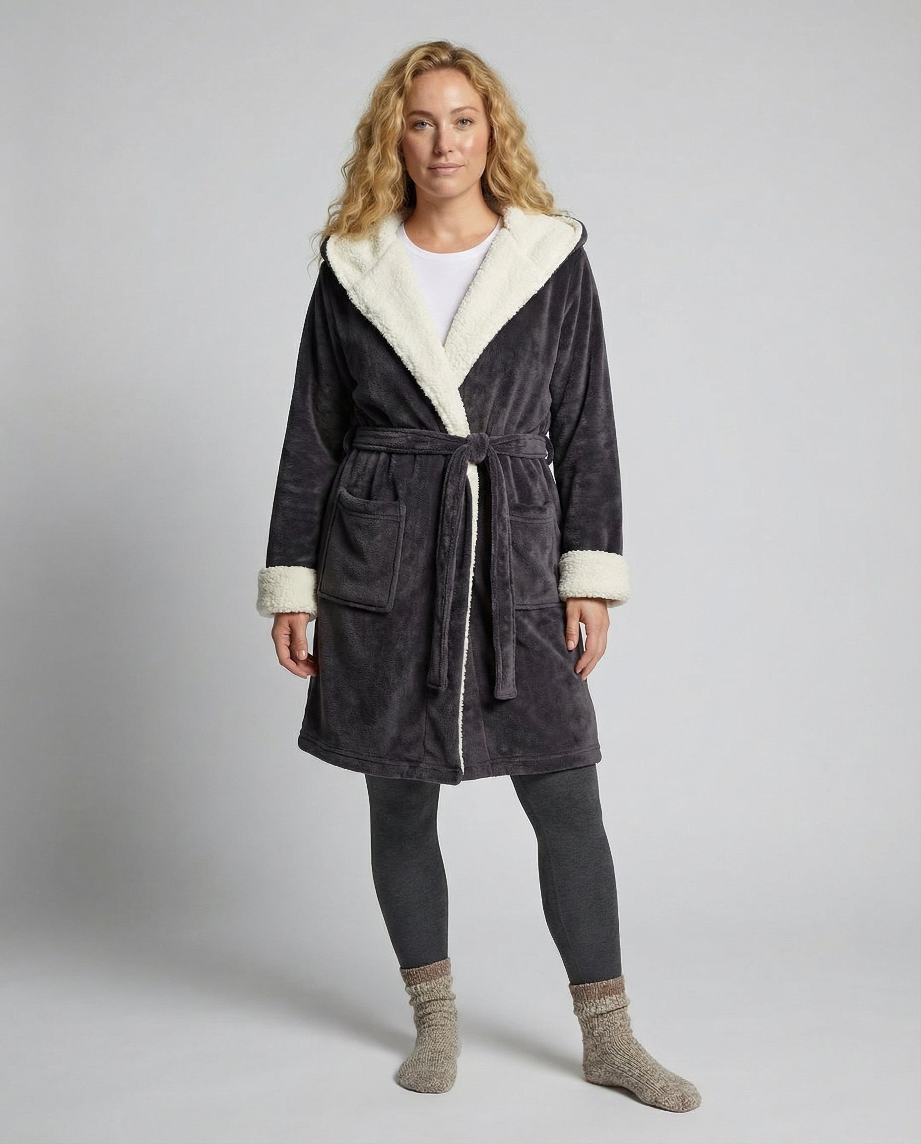 Damen Bademantel Weich Polyester Flausch Beige - Norvielle