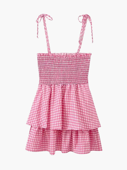 Rosa-Weiß Kariertes Damen-Sommerkleid