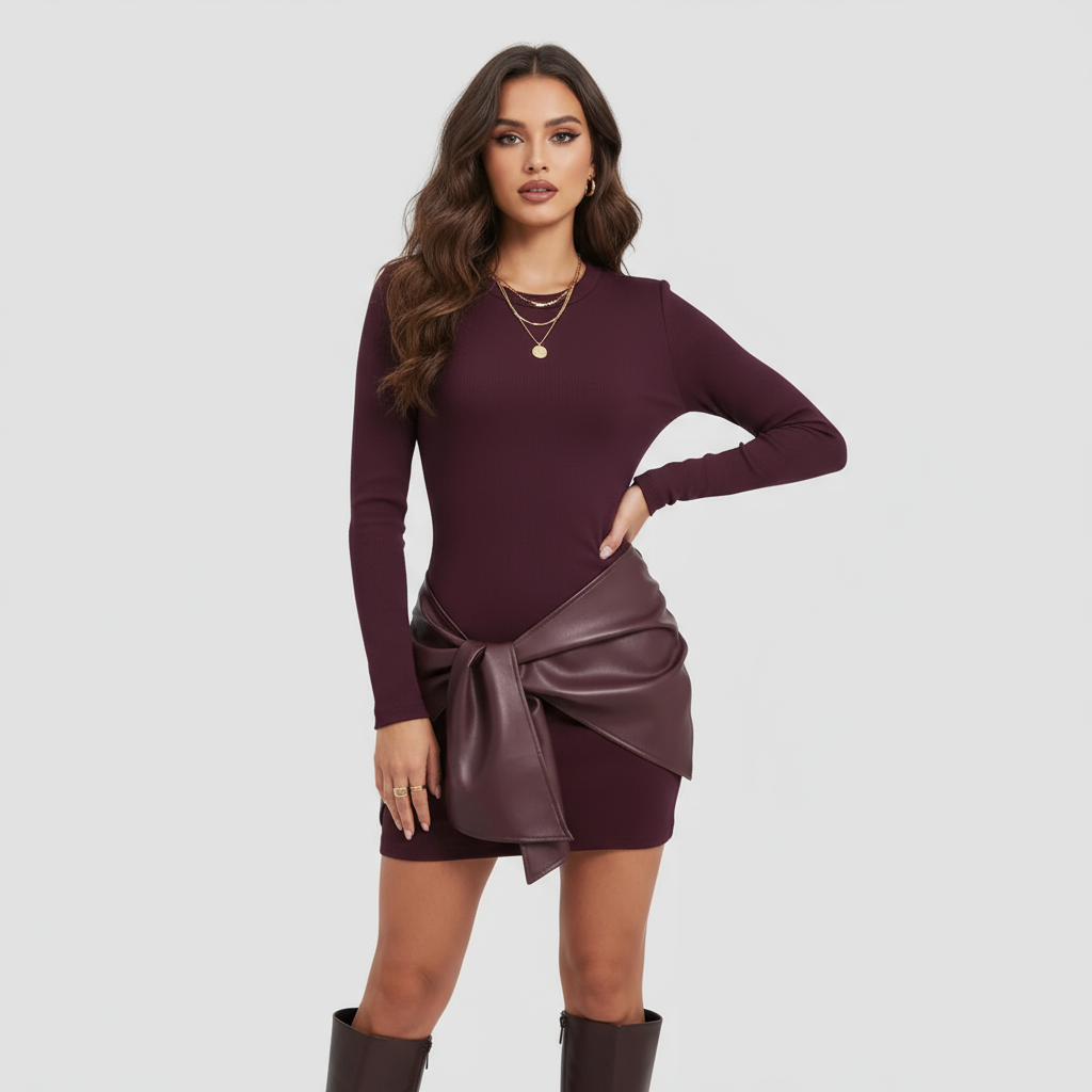 Damen Minikleid Vegan Lederoptik Figurbetonung Schwarz - Norvielle