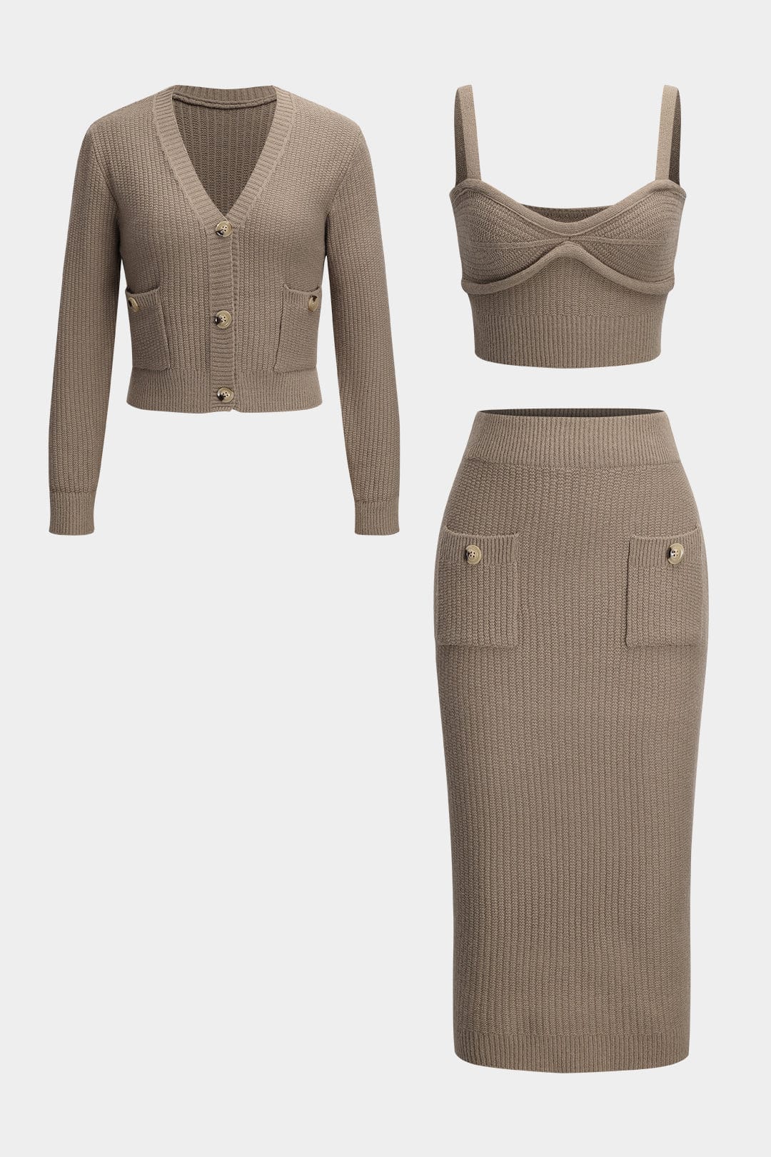 Damen Strick Dreiteiler Set Cardigan Crop Bleistiftrock - Norvielle