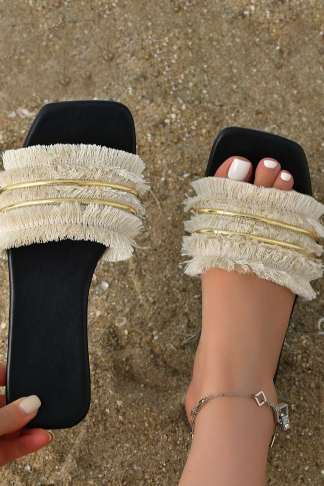 Damen Slides Mit Fransen Detail Sommerlich