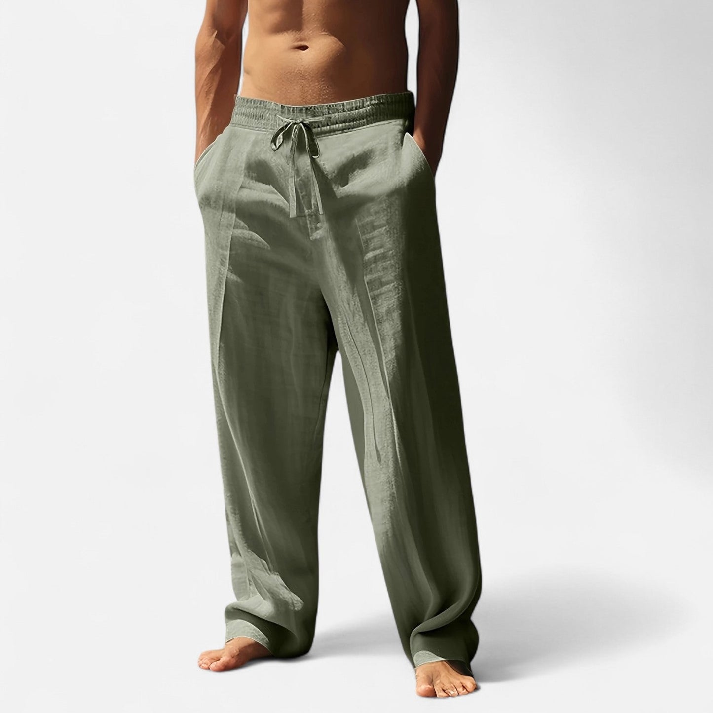 Herren Leinenhose Lockerer Schnitt Elastischer Bund Beige