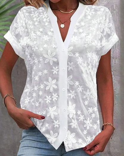 Norvielle Damen Blumenbluse Kurzärmelig V-Ausschnitt