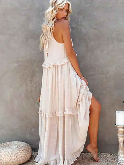 Damen Maxikleid Volants Neckholder Ausschnitt Sommerlich Feminin