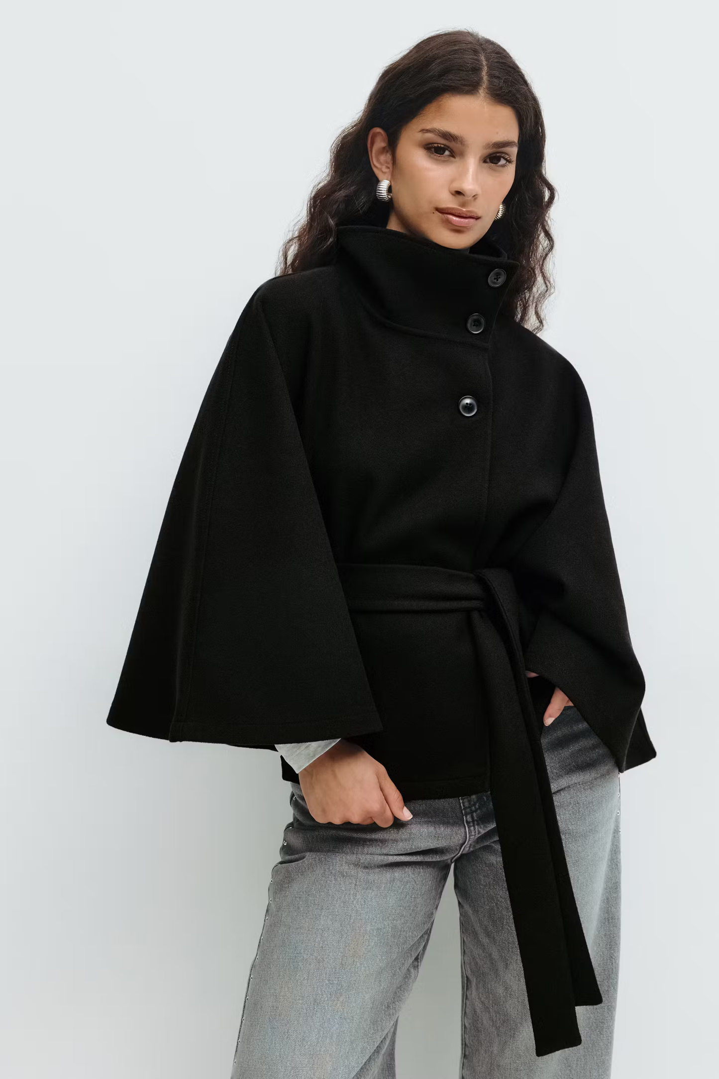 Damen Cape-Mantel mit Gürtel Eleganter Kragen