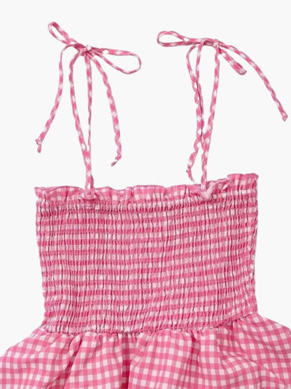 Rosa-Weiß Kariertes Damen-Sommerkleid