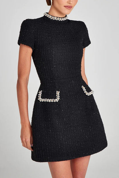 Tweed Mini Kleid Damen Kurzarm Perlenbesatz Eingrifftaschen