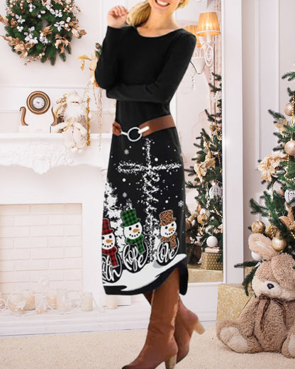 Weihnachtskleid Einfacher Stil Druck Damen Kleid Rot - Norvielle