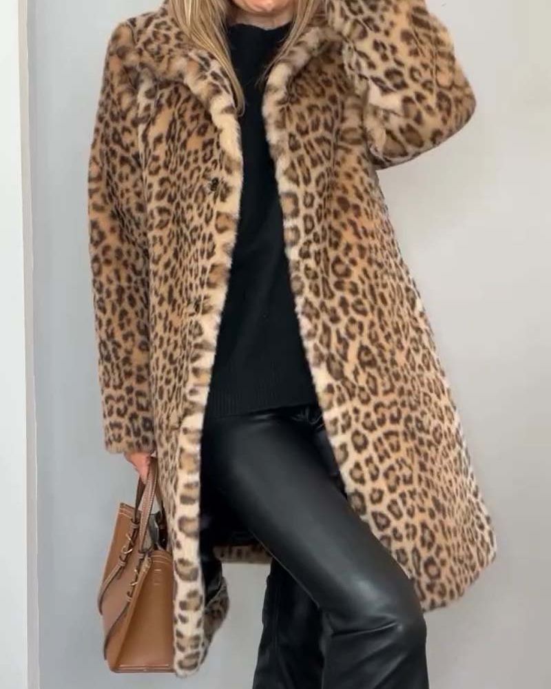 Damenmantel Leopardenmuster Weich Schwarz - Norvielle