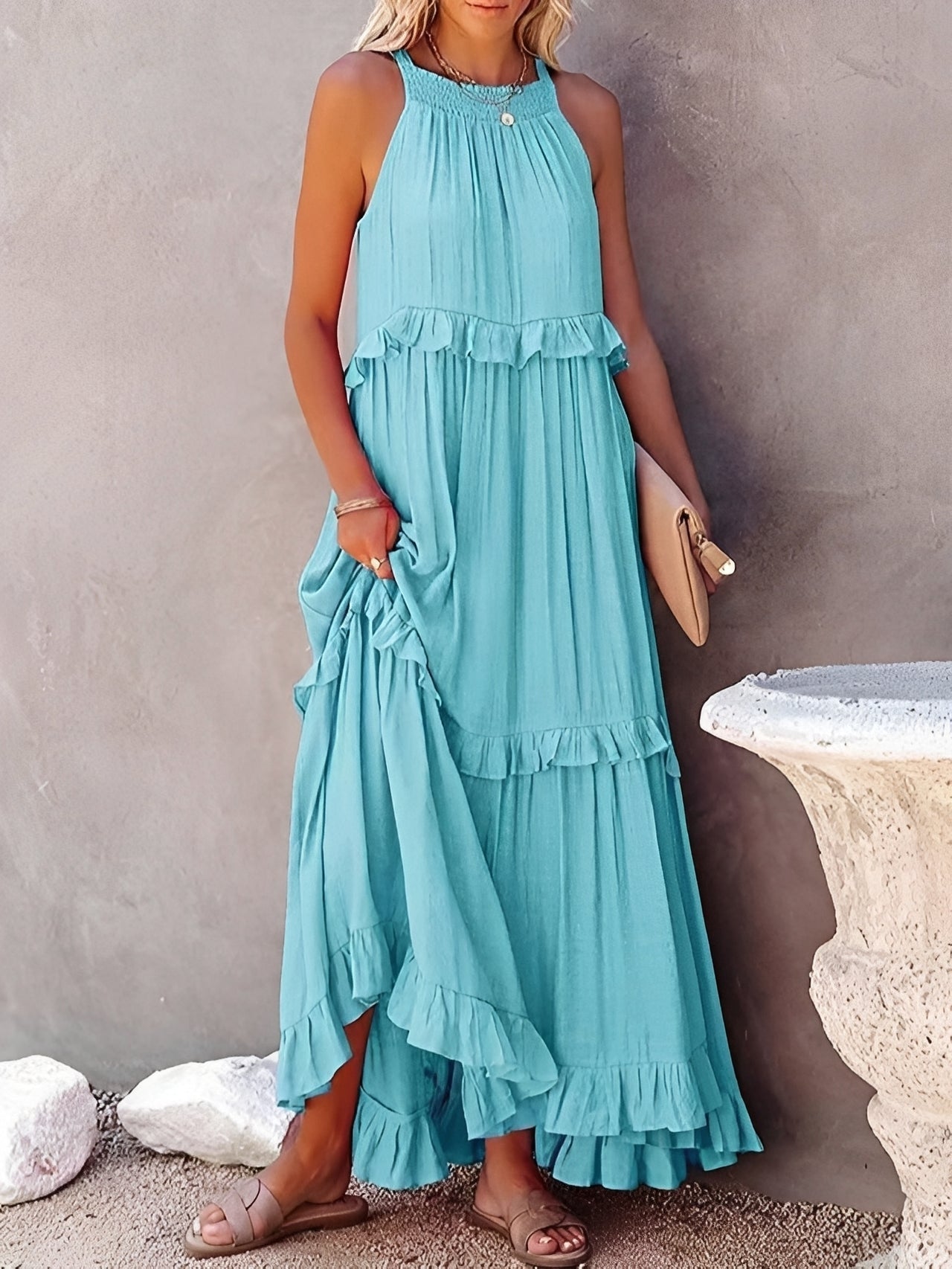 Damen Faltenkleid Ärmellos Zanna Stoff Schwarz - Norvielle